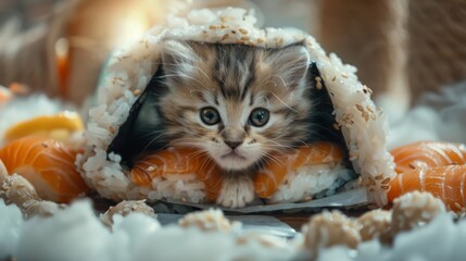 Cute Kitten in Sushi-Shaped House