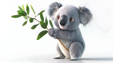 Obraz premium Chubby Baby Koala Hugging Eucalyptus Branch in 3D