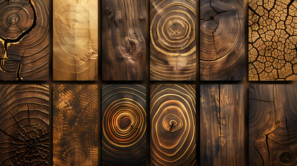 Naklejka premium Set of templates. Luxury golden background with wood annual rings texture. Banner with tree ring pattern.