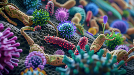 Colorful human gut microbiome, bacteria and viruses, 3D illustration, medical science background