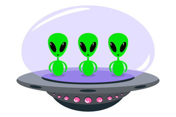 Cute cartoon alien character on a spaceship. Funny flat illustration of an alien. UFO spaceship. Vector isolated on white background.
