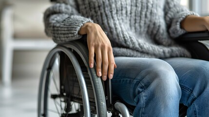 Obraz premium Close-up of a person in the wheelchair wearing cozy clothing. Focus on the hand on the wheel. Style: Realistic photography. Type: Inclusive lifestyle image. AI