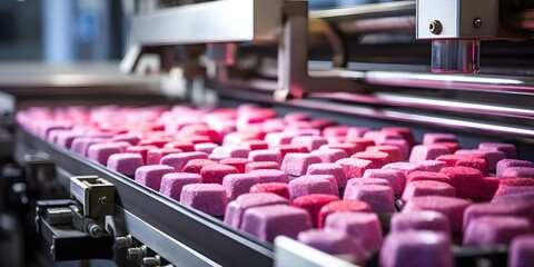 Sweets factory with conveyor belt production process for making various treats. Concept Conveyor Belt, Production Process, Sweets Factory, Treat Making, Various Treats