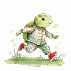 A graphic cartoon illustration in watercolor style of a happy little green turtle in hoodie tops and red sneakers walks and sits on the grass isolated on white background.