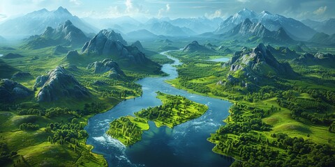 Aerial view of the rivers, lakes, mountains and grasslands of the earth, facing down, looking down, full view, 