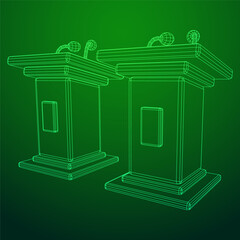 Speaker Podium Rostrum. Tribune Stand with Microphones. Debate, press conference concept. Wireframe low poly mesh vector illustration