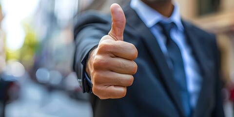 Businessman in suit giving thumbs up gesture symbolizing success and approval. Concept Success, Business, Thumbs Up Gesture, Approval, Suit