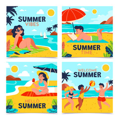 Hand drawn flat summer square card set