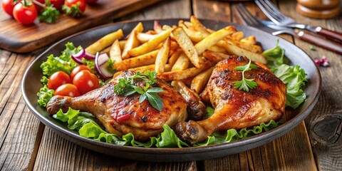 Chicken pieces plate served salad fries healthy diet sauce appetizing presentation