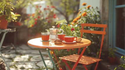 A sunny outdoor patio with a brightly colored orange table set with coffee and breakfast pastries for two.