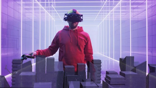 VR enthusiast enjoying virtual reality in cozy living room immersive play