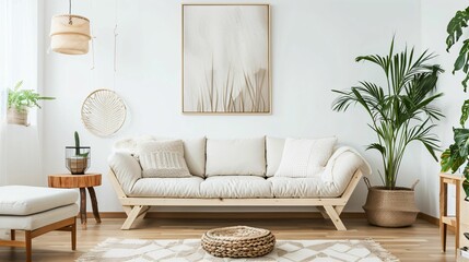 Canapé confortable dans un salon lumineux, ambiance calme et cosy, plantes et tableau au mur, ia générative