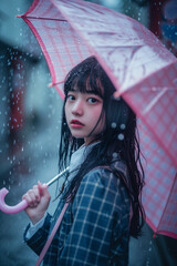 Japanese girl, school girl style, rainy day, pink umbrella generated by AI