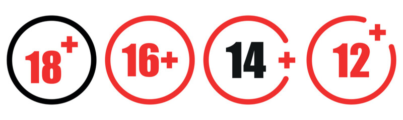 18+ 16+ 14+ 12+ age restriction vector illustration sign set. Isolatedon white background.