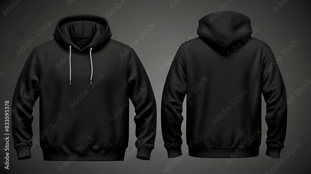 Wall mural Black Hoodie and Sweatshirt Mockup  Front and Back View on White Background, AI Generative