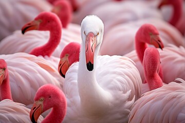 Naklejka premium A singular white flamingo stands out in a flock of pink ones, captured in detail