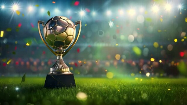 A golden soccer trophy standing on a green field covered in confetti, symbolizing a sports victory celebration.