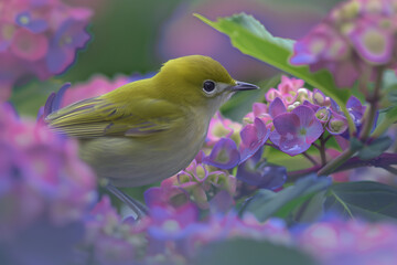 Fototapeta premium Japanese White-eye and Hydrangea generated by AI