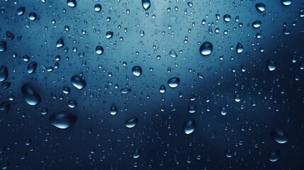 Close-up of rain droplets on a darkly blue background,