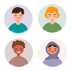 Flat people round icons, male and female avatars, head portraits in round frames. Flat design illustrations isolated on white background
