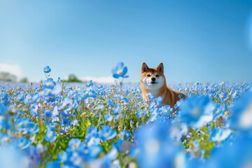 a Shiba Inu at nemophila field generated by AI
