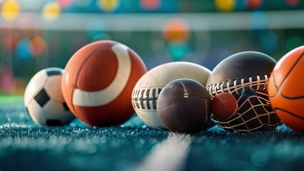 Assorted sports balls lined up neatly on green grass, showcasing a variety of sports options.