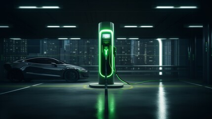 Green neon glowing EV charging station for electric cars in green energy concept.
