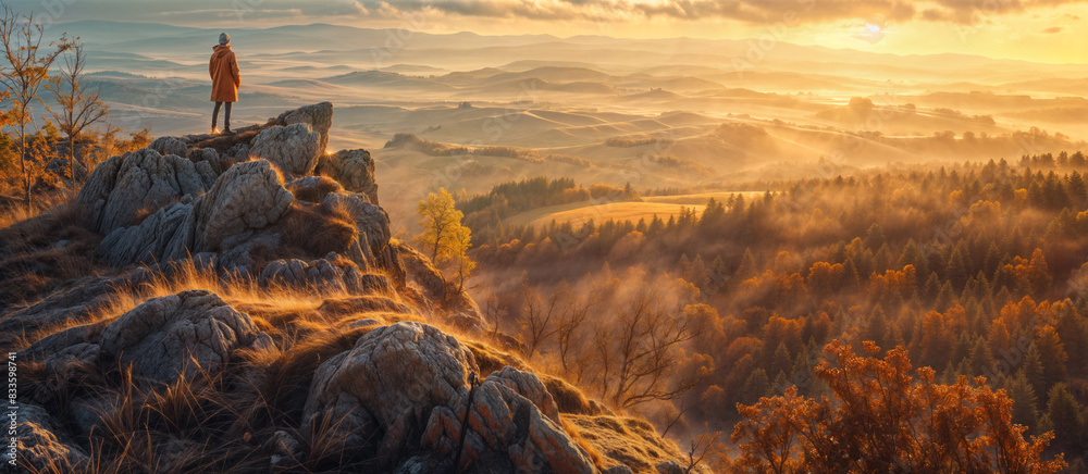Wall mural person standing on rocks overlooking a valley at sunset - Wall murals
