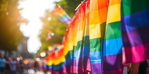 Rainbow LGBTQ flags waved at pride event vibrant inclusive celebration. Concept Pride Events, LGBTQ+ Representation, Rainbow Flags, Inclusive Celebrations, Vibrant Communities