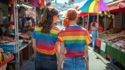 Obraz premium Two people strolling in a market, holding hands, rainbow flag shirts, seen from behind, market stalls around them, vibrant and lively atmosphere