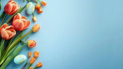 Tulip flower and easter eggs on blue background.
