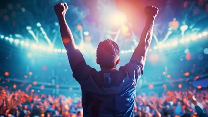 A man euphorically raises his arms in a crowd at a stadium, celebrating a sport victory.