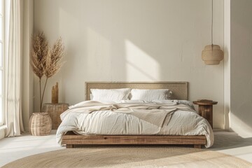 Aesthetic Interior Bedroom Bed Mock Up with floral vase