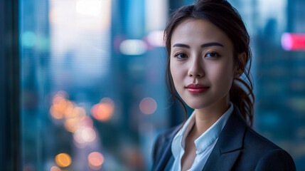 Obraz premium A businesswoman standing in a high-rise office, confidently looking out at the city. She is dressed in a stylish suit and white shirt, 