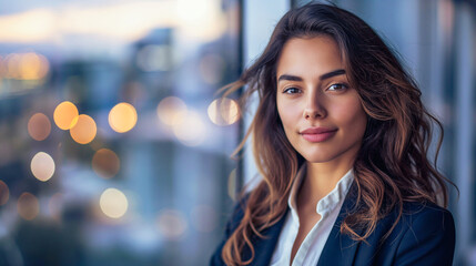 Obraz premium A businesswoman standing in a high-rise office, confidently looking out at the city. She is dressed in a stylish suit and white shirt,