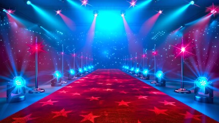 Colorful red carpet with stars and bright lights. Stylish event venue. Glamorous atmosphere perfect for celebrity events and awards shows. AI