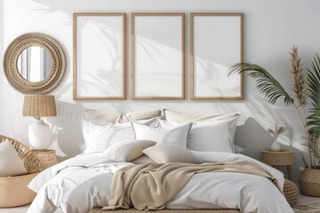 Aesthetic Interior Mock Up with a Bed and a Frames on the Wall