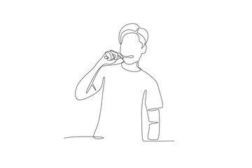 Man brushing his teeth in the morning. Getting ready in the morning concept one-line drawing
