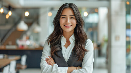 Obraz premium A confident businesswoman with long, dark hair, dressed in a white blouse and dark grey vest, modern office. She smiles warmly with her arms crossed, exuding professionalism, corporate environment.