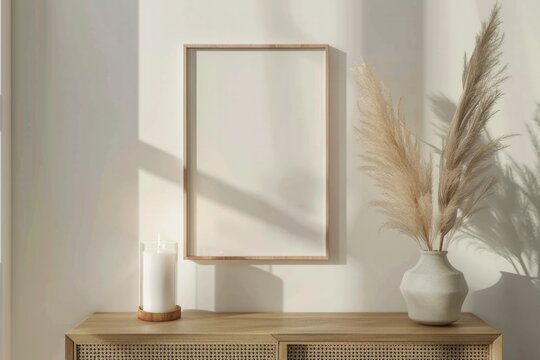Aesthetic Interior Mock Up with a Frame Floral Vase and Candle