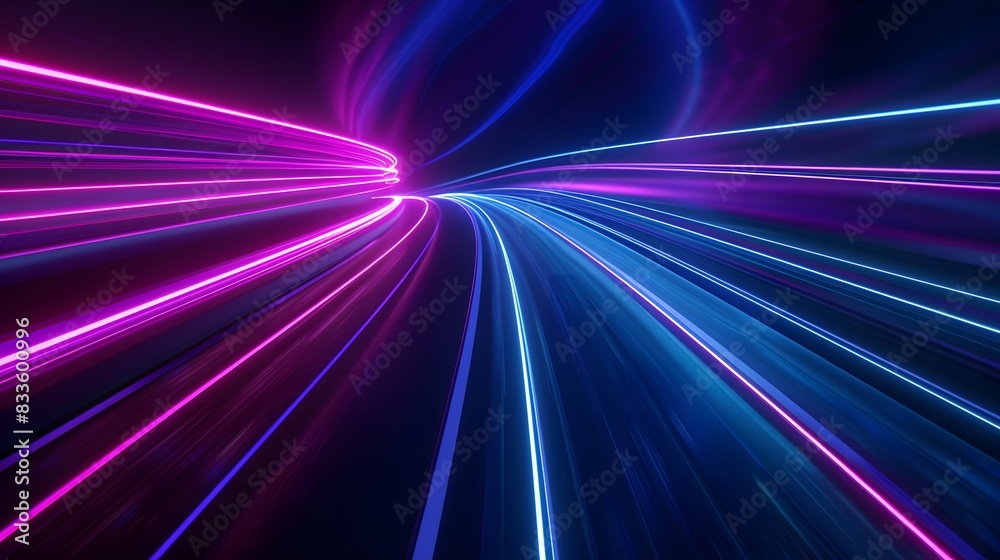 Wall mural vibrant neon light rays background, glowing blue and purple lines in space tunnel