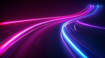 Vibrant neon light rays background, glowing blue and purple lines in space tunnel