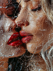 Two women pressing against wet glass about to kiss