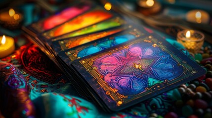 A close-up of colorful tarot cards laid out on a vibrant cloth with candles burning in the background.