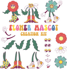 Retro groovy flower mascot creation kit
