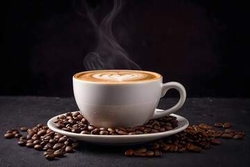 Fototapeta premium Cup of hot coffee with beans isolated on a dark background.