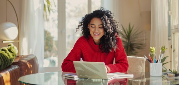 The woman in a red sweater - Powered by Adobe