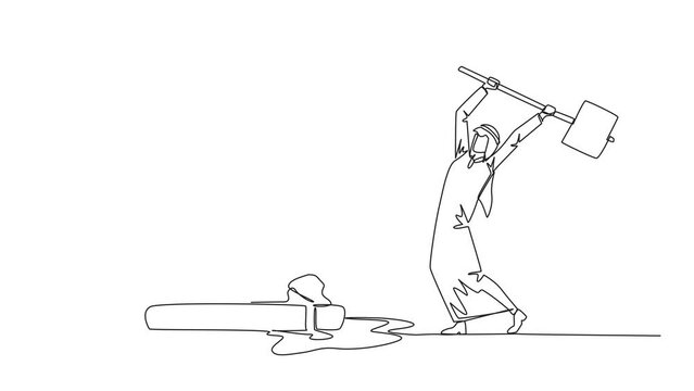 Animated self drawing of single continuous line drawing Arab businessman preparing to hit big hourglass. Remove reminders. Undisciplined. Detrimental to the company. Full length single line animation