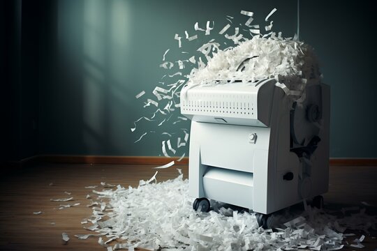 Office paper shredder overflows with shredded documents on a wooden floor