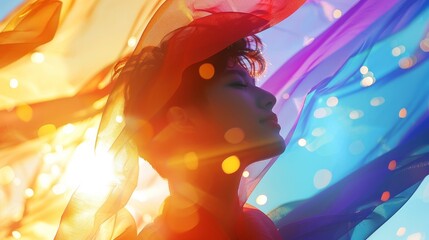 A woman with closed eyes surrounded by colorful fabric, bathed in sunlight. The image evokes feelings of joy, freedom, and peace.